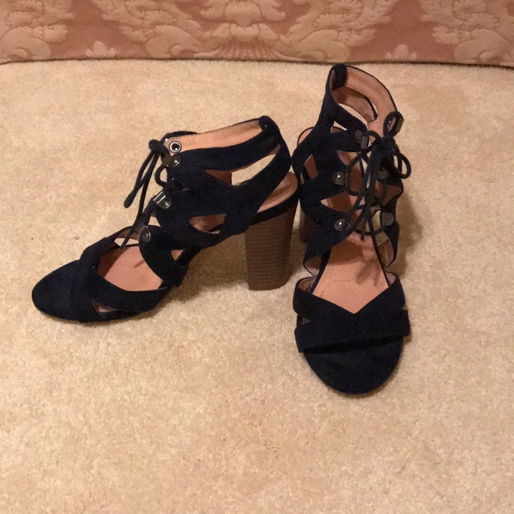 Navy blue stacked heeled sandals
